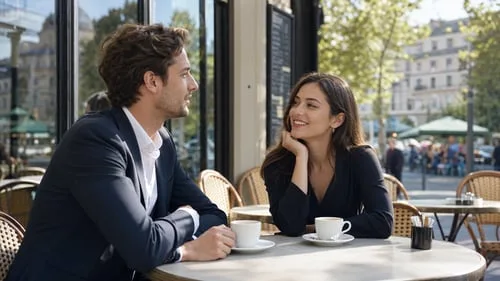 Couple élégant discutant autour d'un café dans un lieu public lors d'un premier rendez-vous sugar daddy