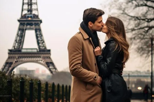 Couple s'embrassant près de la Tour Eiffel à Paris au coucher du soleil